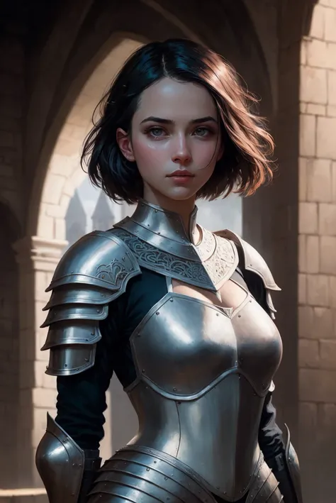 (masterpiece), (extremely intricate:1.3), (realistic), portrait of a girl, the most beautiful artwork in the world, (medieval armor), metal reflections, upper body, outdoors, intense sunlight, far away castle, professional oil painting of a stunning woman ...