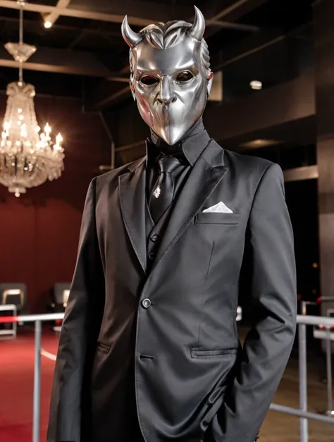 arafed man in a suit and mask standing in a room