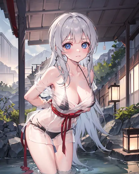 1girl,large breasts, mainzonsen, <lora:MainzV1[mainzonsen]:0.8>,indoors,(arms behind back),see-through,blush,light smile, wet,water,  leaning forward, light frown, onsen,steam,