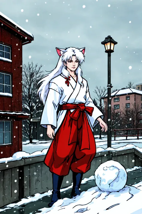 anime character dressed in traditional japanese clothing standing in snow