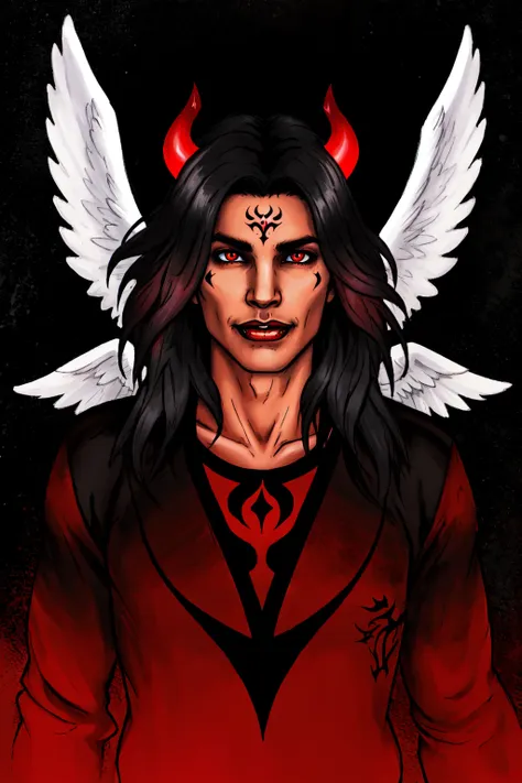 a woman with horns and a devil face with a red background