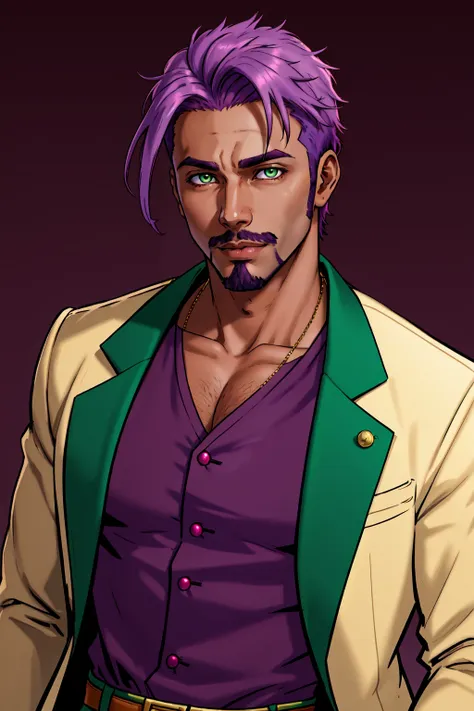 a cartoon of a man with purple hair and a green jacket