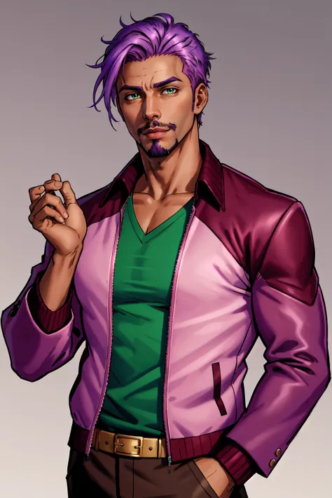 a man with purple hair and a green shirt is holding a cigarette