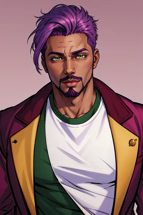 a man with purple hair and a purple jacket