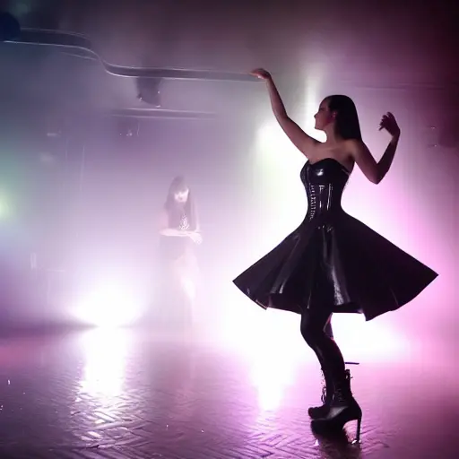 thsgothclub2k, a good looking 1girl wearing a latex dress and corset in a goth club dancing fog lights