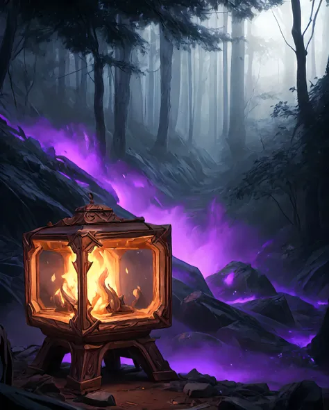 (a box with a picture of a forest inside, purple neon light, iconic character splash art, crystalline rock, inspired by Yoshitoshi Mori, 8 k vertical wallpaper, league of legends concept art, banal object on a pedestal, skottie young, high definition. digi...