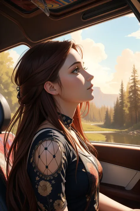 1girl, colorful Cinematic still, concept art, side view shot of a Rusty Sad ("The Brexit Referendum":1.3) , intricate details, Israeli background, lush woods with Wild berry bush, at Sunset, FOV 90 degrees, Graphic novel, Wonder, Psychedelic Art, natural l...