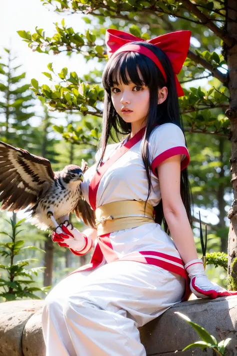 masterpiece, best quality,1girl, red bow, bow, long hair, hair bow, ainu clothes, solo, hairband, bird, black hair, fingerless gloves, short sleeves, gloves, sash, pants, bangs, red hairband, weapon, breasts, brown eyes, white pants, japanese clothes, purp...