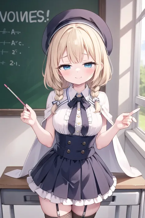 anime girl in uniform holding a wand and pointing at a blackboard