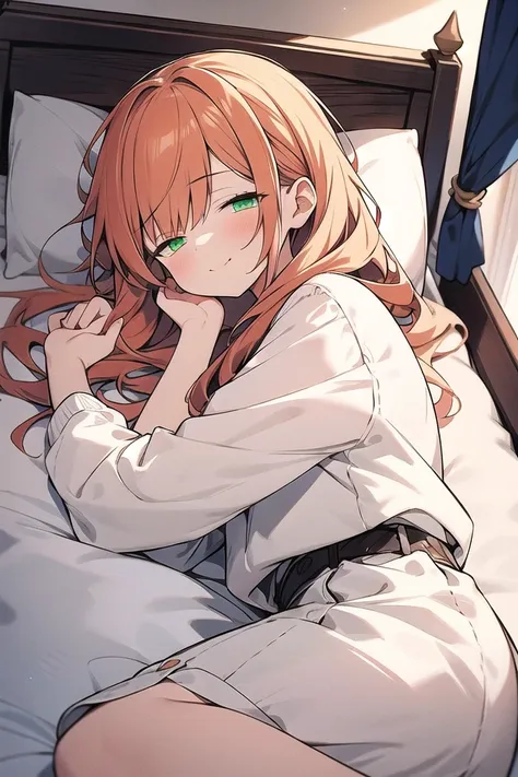 anime girl laying in bed with her hand on her chin