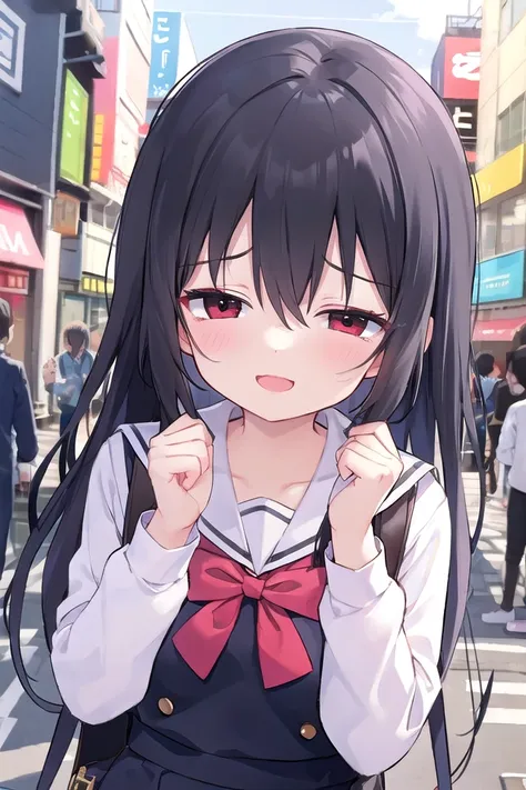 anime girl with long black hair and red bow in a city