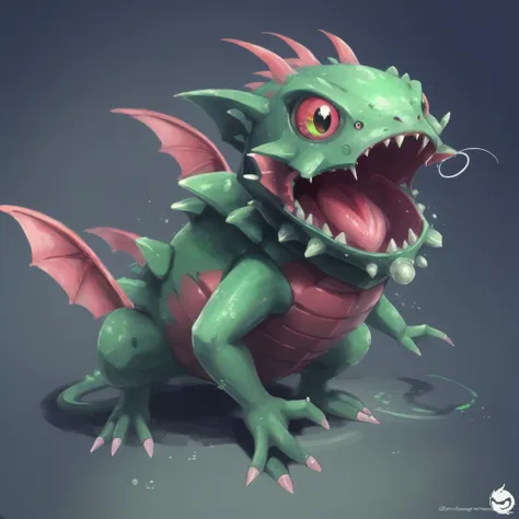 a green and red dragon with red eyes and sharp teeth