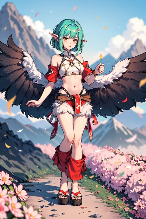 1girl, (harpy:1.4), slim, (harpy wings:1.4), (ragged clothes:1.2), tribal clothing, (clouds), (two-tone hair), (bobcut), solo fo...