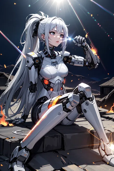 1girl, cyborg, mechanical arms, mechanical legs, upper body, (cybernetic:1.4), (skulls, broken houses), war scenery, (blue flame...