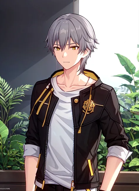 <lora:honkai_star_rail_style_offset:1> 1boy, male focus, jacket, solo, grey hair, yellow eyes, shirt, white shirt, plant, black jacket, indoors, upper body, collarbone, short hair, outdoors, ((masterpiece))