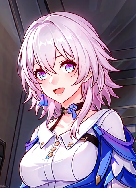 <lora:honkai_star_rail_style_offset:1> honkai star rail style, march 7th (honkai  star rail) <lora:march_7th__honkai _star_rail__offset:1>, 1girl, solo, earrings, jewelry, blue eyes, open mouth, pink hair, choker, looking at viewer, upper body, bangs, shir...