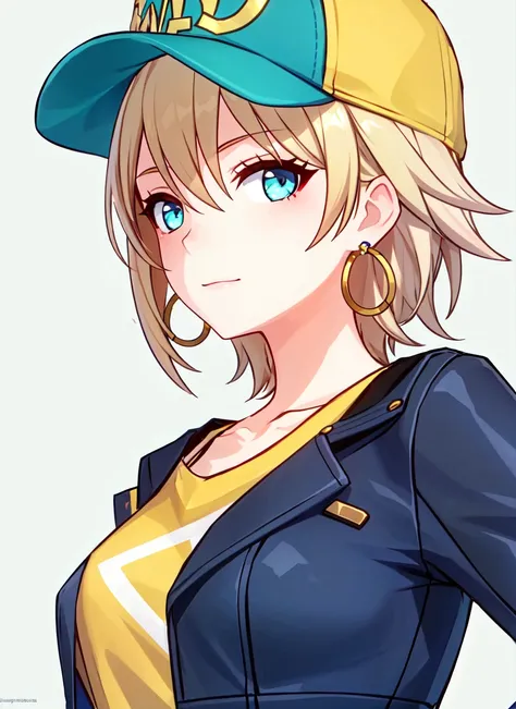 <lora:honkai_star_rail_style_offset:1> honkai star rail style, masterpiece, best quality, 1girl, aqua eyes, baseball cap, blonde hair, closed mouth, earrings, green background, hat, hoop earrings, jewelry, looking at viewer, shirt, short hair, simple backg...