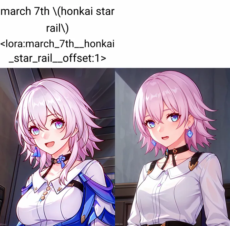 <lora:honkai_star_rail_style_offset:1> honkai star rail style, march 7th (honkai  star rail) <lora:march_7th__honkai _star_rail__offset:1>, 1girl, solo, earrings, jewelry, blue eyes, open mouth, pink hair, choker, looking at viewer, upper body, bangs, shir...