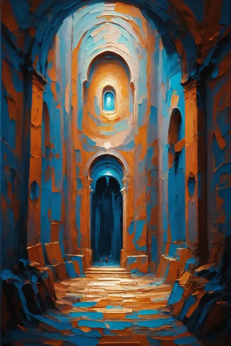 a painting of a hallway with a light shining through the window