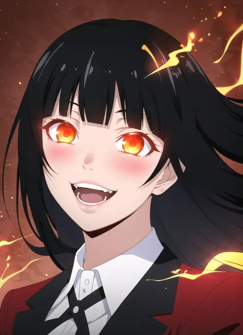 <lora:kakegurui_style_offset:1> kakegurui style, jabami yumeko, 1girl, :d, (glowing eyes), black hair, black jacket, blunt bangs, blunt ends, blush, collared shirt, crazy eyes, crazy smile, floating hair, hime cut, hyakkaou academy school uniform, jacket, ...