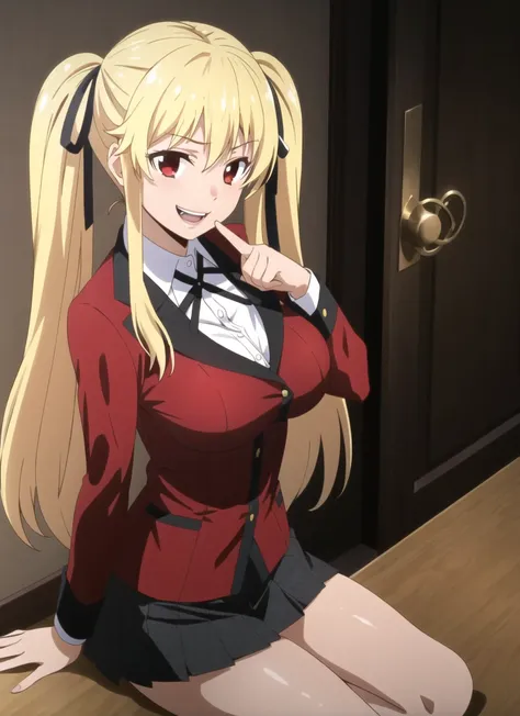 <lora:kakegurui_style_offset:1> kakegurui style, 1girl, black ribbon, black skirt, blonde hair, breasts, card,  indoors, hair ribbon, hyakkaou academy school uniform, large breasts, long hair, long sleeves, miniskirt, pleated skirt, red eyes, red shirt, ri...