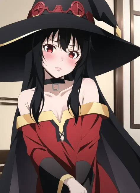 <lora:kakegurui_style_offset:1> kakegurui style, anime coloring, megumin, 1girl, bare shoulders, black hair, black cape, black gloves, blush, cape, choker, collarbone, dress, hair between eyes, hat, long sleeves, looking at viewer, medium hair, off-shoulde...