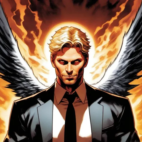 comic book art, mark pellegrino as lucifer, 1boy, male focus, solo, extreme light and shadow, specular highlights, lucifer from supernatural, art by ed benes