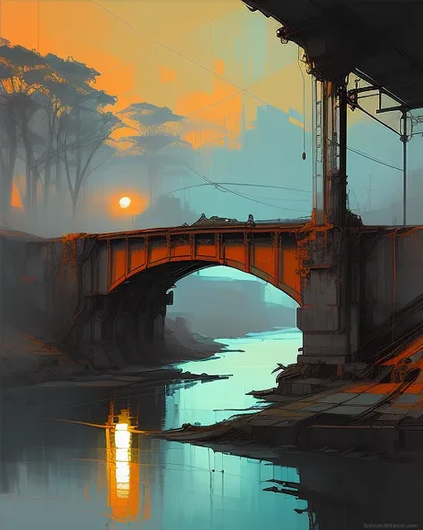 nvinkpunk   oil painting of a bridge over a river