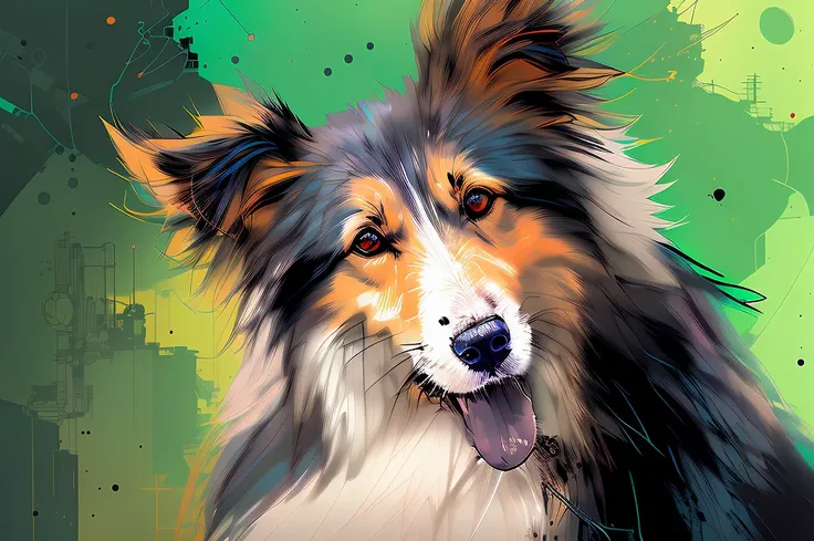 (nvinkpunk), rough collie listening carefully and looking on the viewer, long nose, ultra realistic, best quality, detailed, ,4 k, hdr, smooth, sharp focus, high resolution, brown , sticking head through paper wall, red tongue, monochromatic background