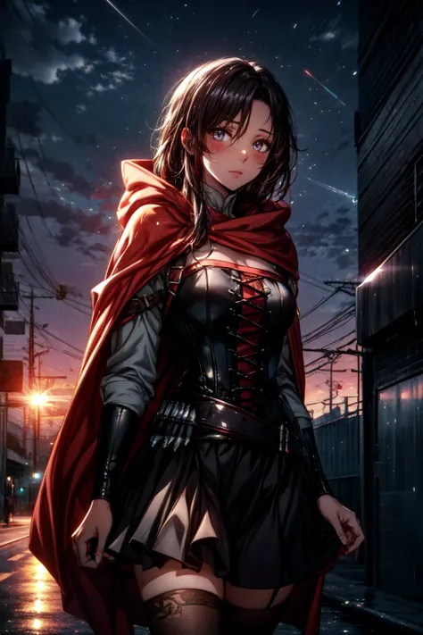 best quality, masterpiece, realistic, photorealistic, <lora:rwby_rose_mistral-12:0.8> 1girl, mistralrose, solo, cape, dress, crescent rose, thighhighs, corset, looking at viewer, skirt, detailed background, in street, light, rain <lora:DarkIncursioStyle:1>...