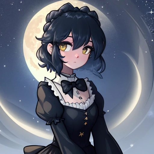 1girl,  <lora:limebreaker-12:1>, detached sleeves, puffy sleeves, night sky, solo, mature, 30 year old, full moon, bowtie, short straight hair, upper body