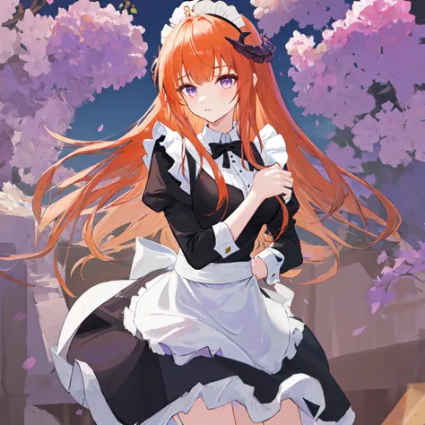 masterpiece, best quality, 1girl, purple eyes, orange hair,maid headdress, maid,