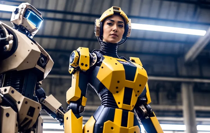 a close up of a woman in a yellow and black suit standing next to a robot