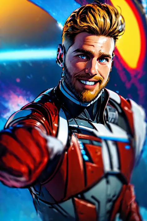 Star Lord, (masterpiece, best quality, ultra-detailed, highres),weapon, 1boy, male focus, solo, facial hair, blonde hair, smile, looking at viewer, blue eyes, realistic, upper body, beard, bodysuit, science fiction, power armor, clenched hand, fist in the ...