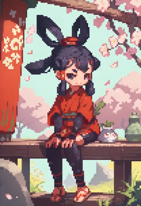 pixel art of a girl sitting on a bench in a garden