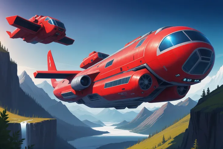 digital painting, scifi vehicle, a towering, bulky, red far-future cargo plane flying over some mountains<lora:envystarlightscif...