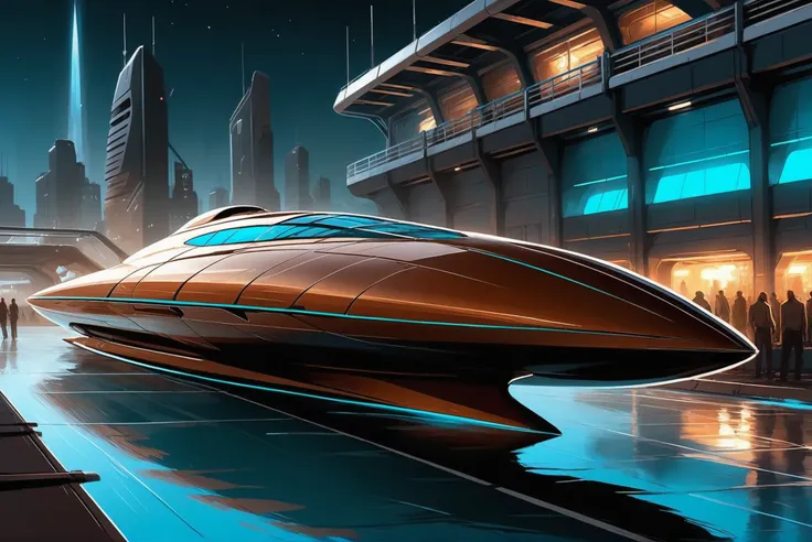 digital painting, scifi vehicle, a sleek, streamlined, space-age, brown and cyan speedboat docked at a sea port<lora:envystarlig...