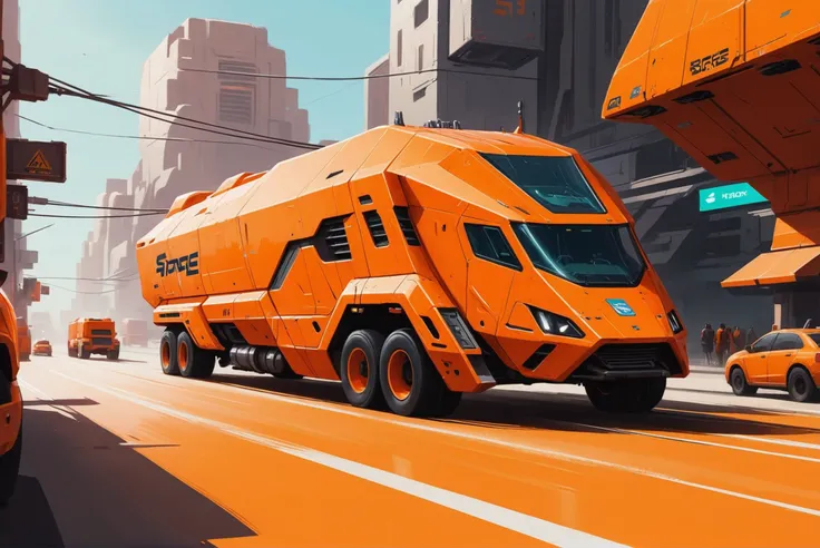 digital painting, scifi vehicle, a vast, lumbering, orange cybernetic hauler truck on a busy city street<lora:envystarlightscifi...