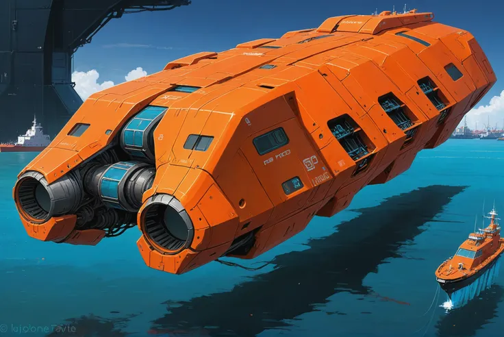 digital painting, scifi vehicle, a vast, heavy, orange cybernetic seagoing cargo freighter with bio-synthetic interfaces docked ...