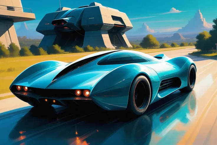 digital painting, scifi vehicle, a space-age, turbocharged dark cyan racecar with a quantum entanglement communicator in a drive...