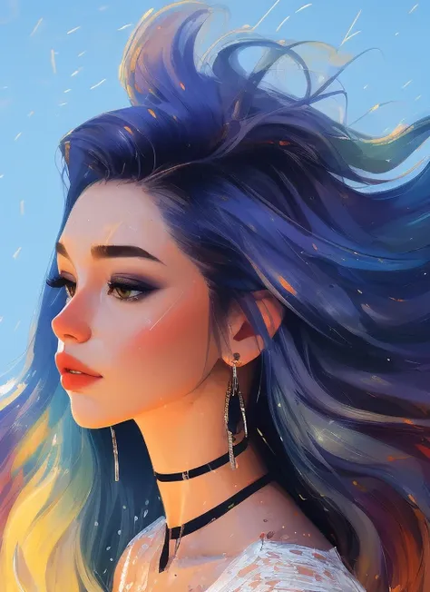 samdoesarts style award winning half body portrait of a beautiful woman in a croptop and cargo pants with ombre navy blue teal hairstyle with head in motion and hair flying, paint splashes, splatter, outrun, vaporware, shaded flat illustration, digital art...