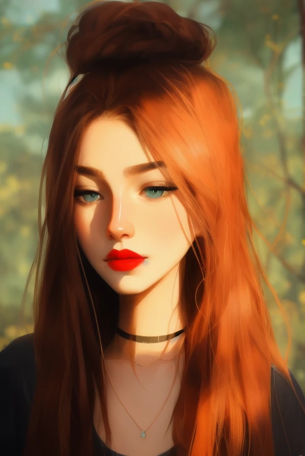 portrait of a beautiful teenager, small breasts, intricate, soft smile, red lips, ginger hair, green eyes, realism, digital pain...