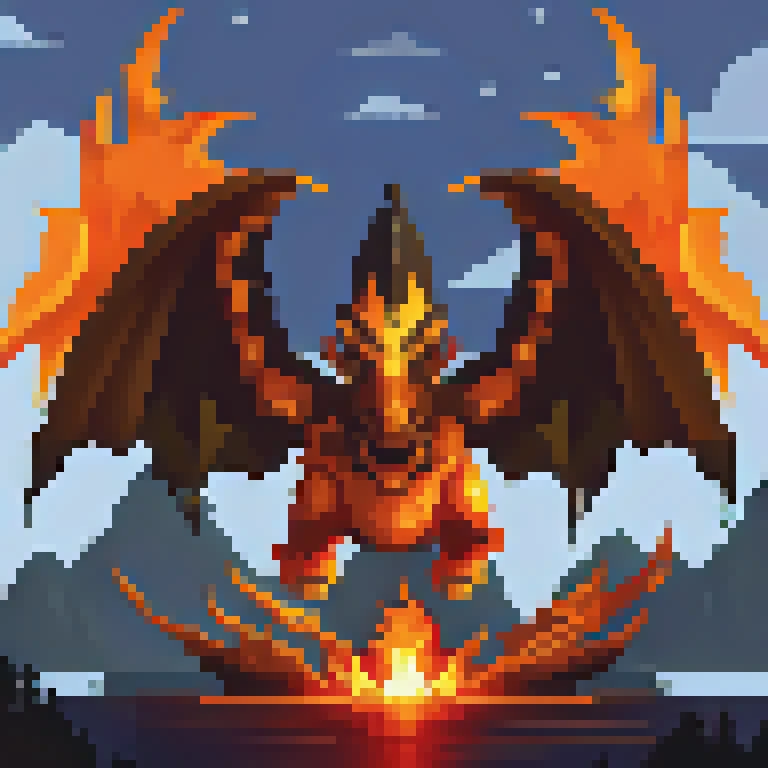 blue night sky, 16 bit, pixelart, dragon, fire, volcano, heat, deamon, big wings