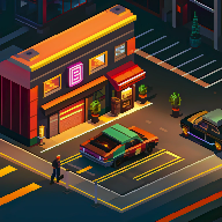 16 bit, pixelart, isometric, (sports car:1), gas station, asphalt road, led background, bladerunner,  dirty, neon lights, (synth...