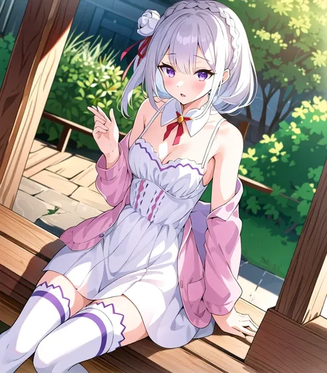 masterpiece, best quality, 1 girl,, <lora:emiliarezero_v4:0.7>, emilia, morning outfit: short dress, red ribbon, zettai ryouiki,...