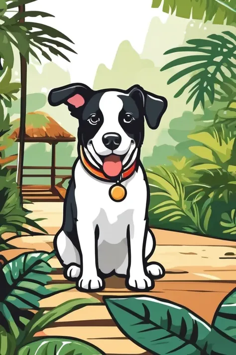 a cartoon dog sitting on a wooden platform in the jungle