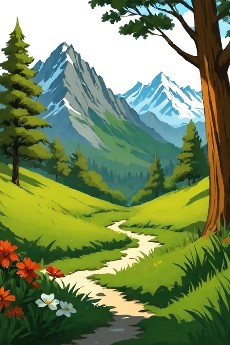 a painting of a mountain scene with a path through the grass