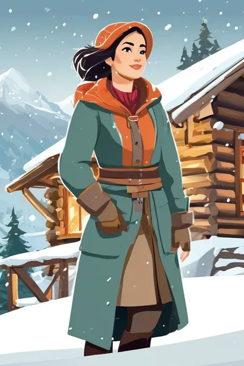 a woman in a winter coat standing in front of a cabin