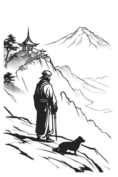 a drawing of a man and a dog on a mountain