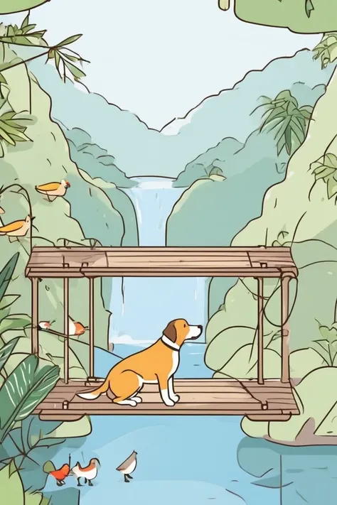 flvcil01 style <lora:style_01_pastel_charm_l1-x_flvcil01_style:1>, dog  standing, 
butler, ancient,
Rainforest and hanging bridges and exotic birds, 
high quality, masterpiece, highres,